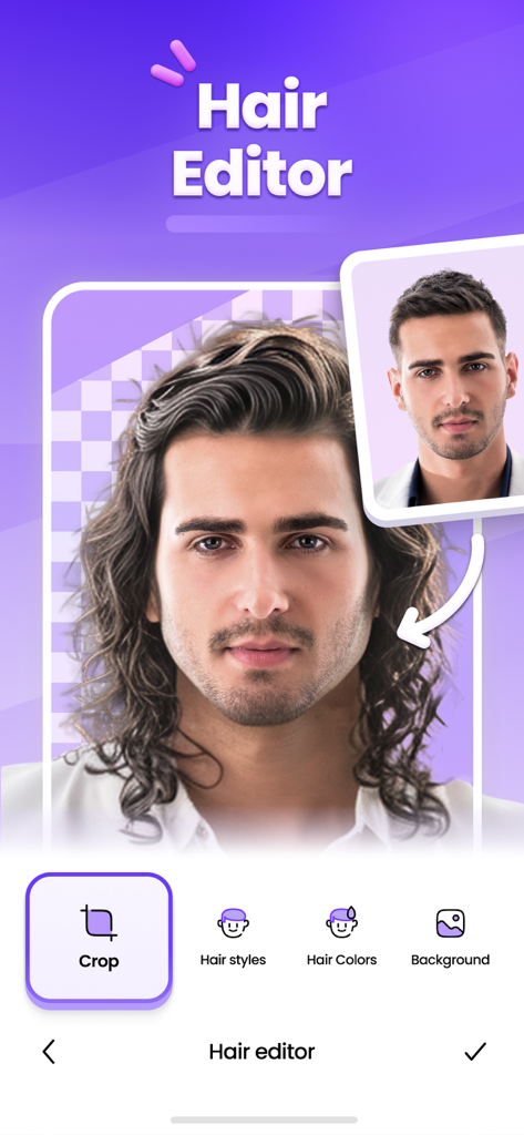 Hair Changer Editor AI Filters - AI hair editor interface showing a man transforming his short hair into a long wavy hairstyle