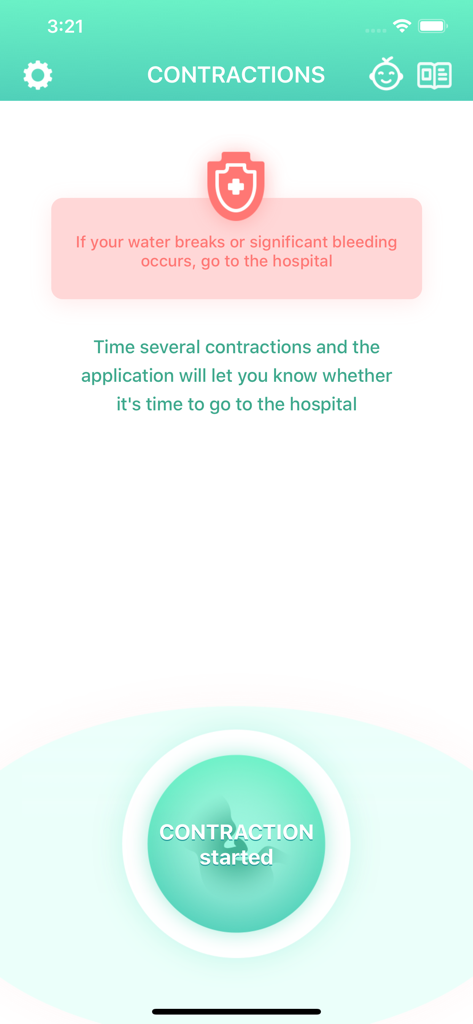 Contraction timer app interface with start button and labor instructions