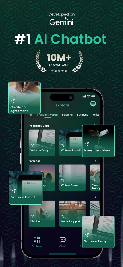 Gem AI: Ask Chat Bot Assistant - Gem AI mobile app interface showing various chatbot assistant features and categories like essay writing and diet plans