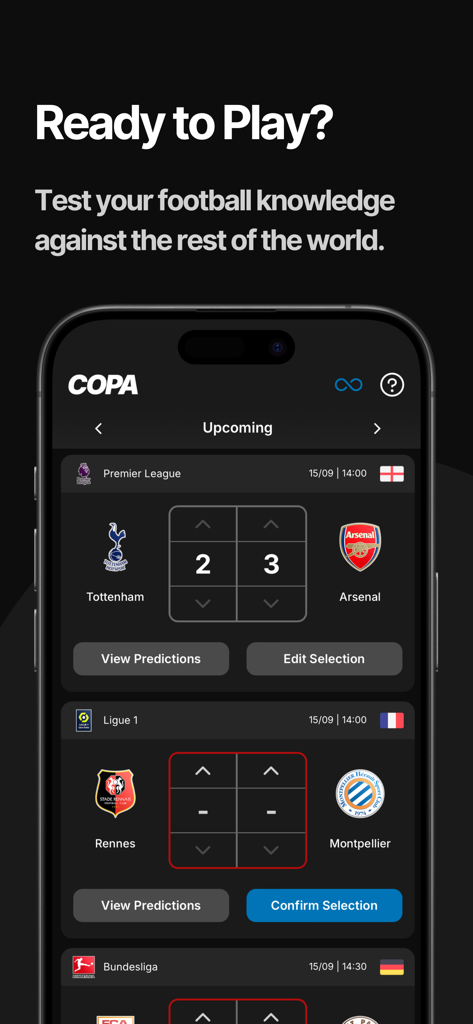 COPA: Football Predictions - Pantalla de la aplicación COPA para predicciones de resultados de partidos de fútbol y competición global