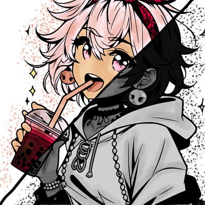 hot baddie anime girl drinking boba and biting the straw