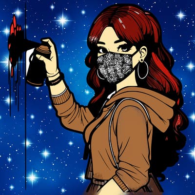 realistic girl with mask spray painting a wall