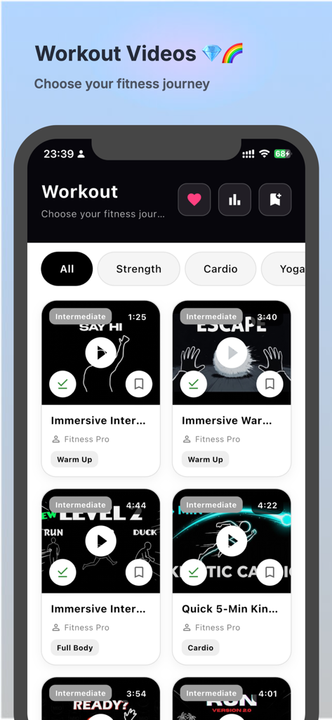 Interactive Immersive WarmUp - インタラクティブ・イマーシブ・ウォームアップアプリのインターフェイスで、ガイダンス付きワークアウトとウォームアップビデオのリストが表示されています。