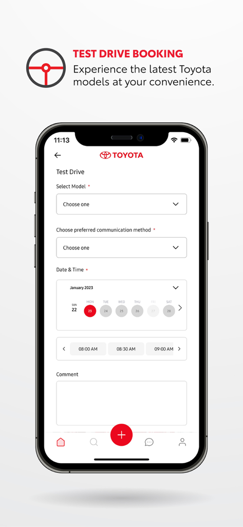Toyota Bahrain - Interface of the Toyota Bahrain app showing the test drive booking form with a calendar and time slots