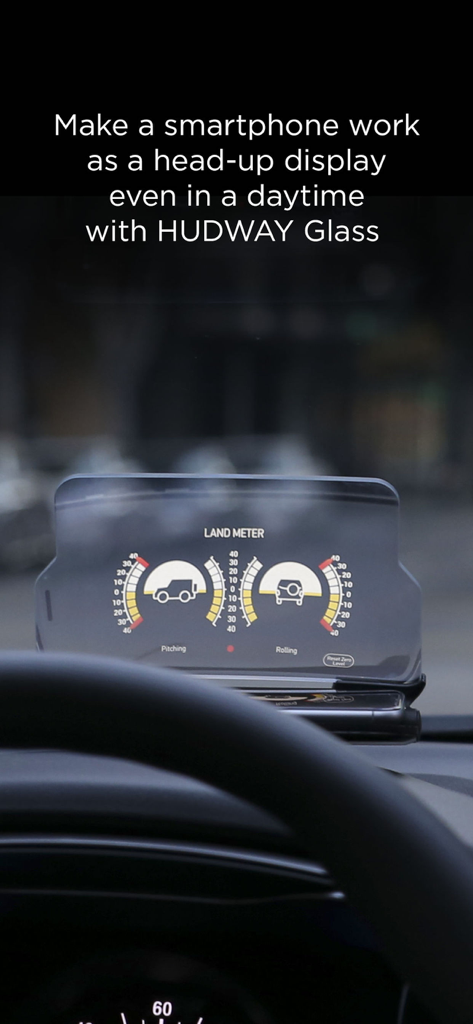 Car land meter widget showing pitch and roll displayed on HUDWAY Glass head-up display accessory