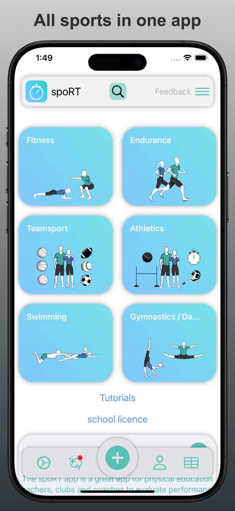 Pantalla de inicio de la aplicación Sports Rating Tracker que muestra varios módulos deportivos para profesores de EF, incluyendo fitness, resistencia y deportes de equipo.