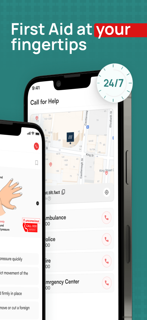 iFirstAid - iFirstAid app interface showing emergency contact numbers and location services on an iPhone