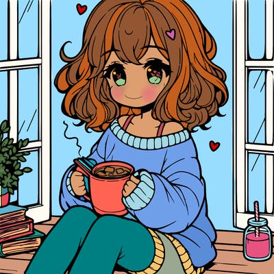 cute anime girl reading book and drinking hot chocolate from mug with loose wavy hair wearing a baggy sweatshirt and shorts sitting by windowsill looking out