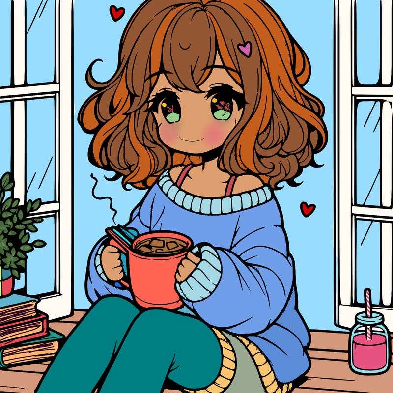 cute anime girl reading book and drinking hot chocolate from mug with loose wavy hair wearing a baggy sweatshirt and shorts sitting by windowsill looking out