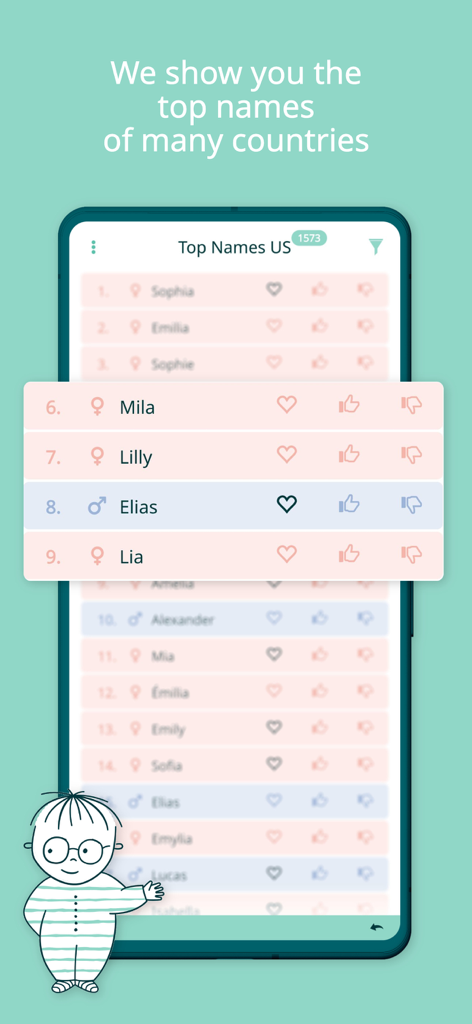 CharliesNames - CharliesNames app screen showing a list of top baby names in the US with voting icons and a baby character.