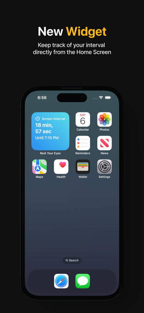 Rest Your Eyes - Breaks - iPhone home screen featuring a blue screen interval widget for eye break reminders