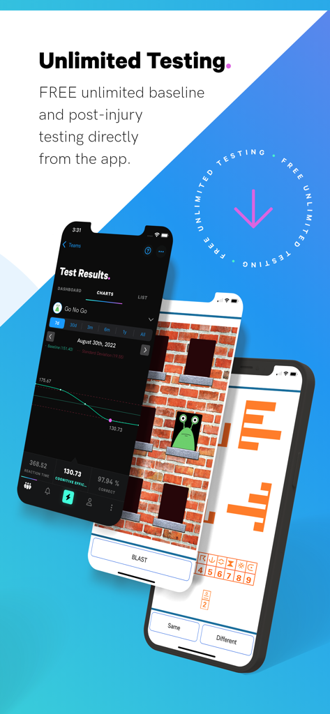 Concussion Tracker - Three smartphone screens displaying neurocognitive baseline testing games and recovery data charts for concussion management