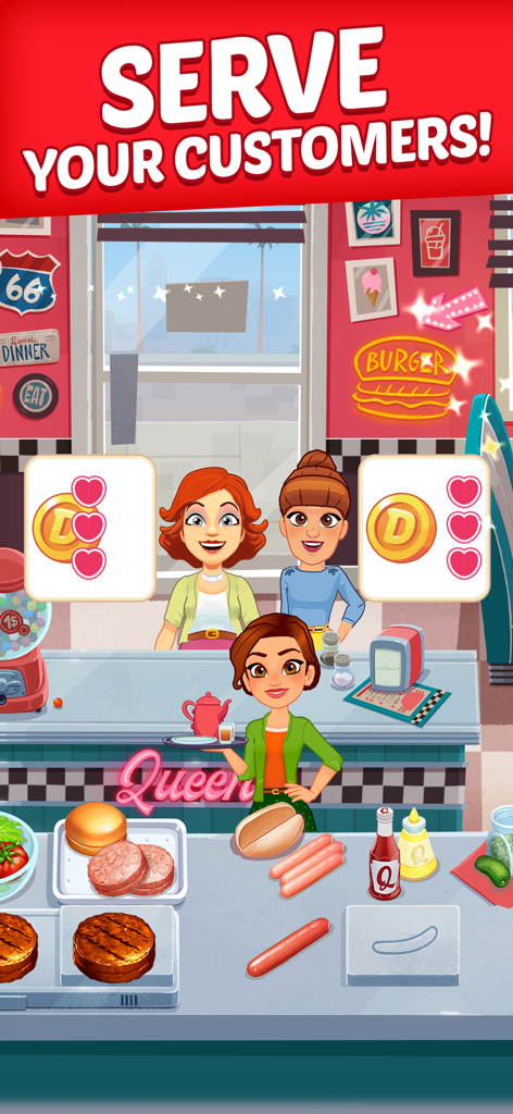 Emily bedient Kunden in einem Retro-Burgerladen im Kochspiel Delicious World