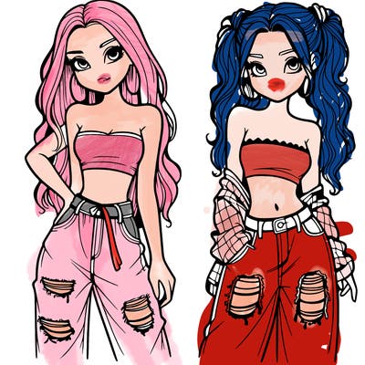 2 girls in crop tops and baggy jeans ripped