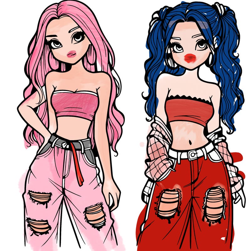 2 girls in crop tops and baggy jeans ripped