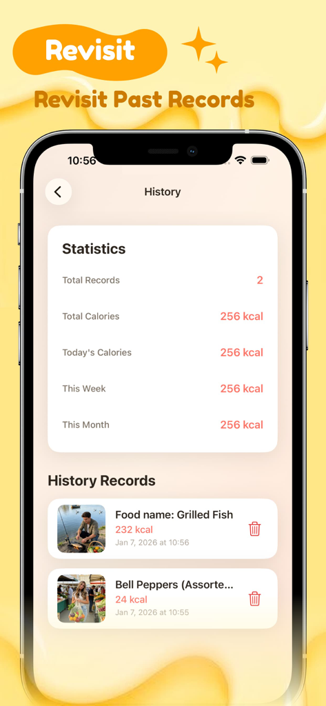 Bubbi - - Interface of Bubbi app showing calorie statistics and history of tracked meals like grilled fish and bell peppers.