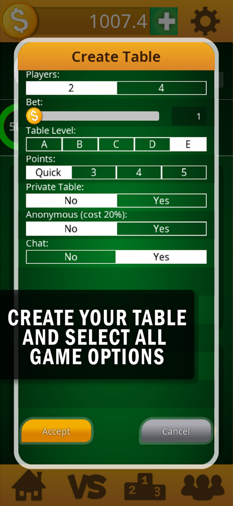 La pantalla de creación de mesa en el Juego Multijugador Sueca mostrando varias opciones de juego como el número de jugadores y las apuestas.