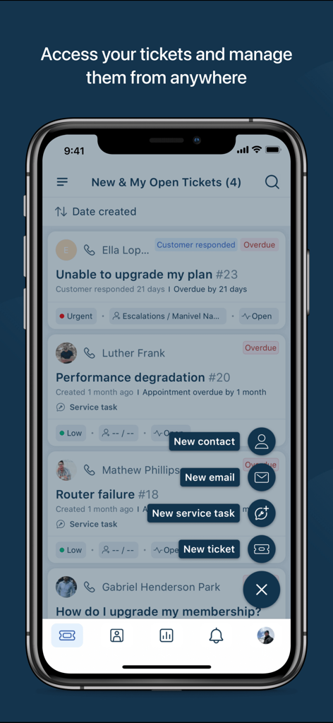 Freshdesk mobile App-Oberfläche, die offene Support-Tickets und Verwaltungsoptionen auf einem Smartphone anzeigt