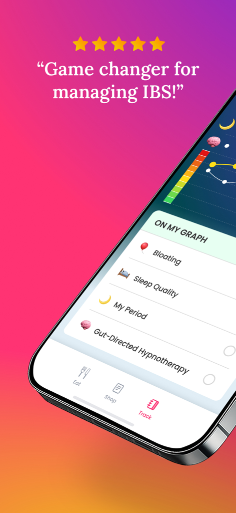 Tummily: Gut & IBS Tracker - Smartphone screen showing the Tummily app symptom tracker with categories for bloating, sleep, and periods under a five star review