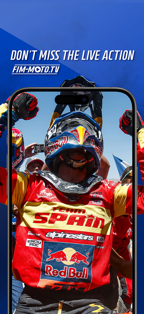 FIM-Moto TV - Un pilote moto en maillot de l'équipe d'Espagne célébrant une victoire sur l'application FIM-Moto TV