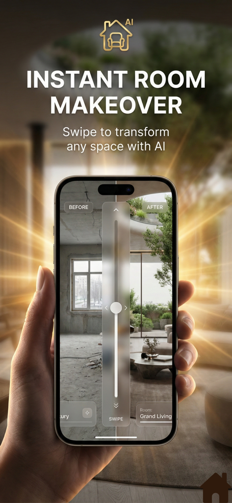 Room Planner AI Home Design - A smartphone screen showing a before and after comparison of a room renovation using AI technology