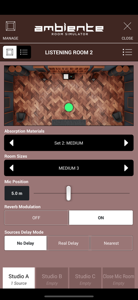 SWAM Clarinet - SWAM Clarinet app Ambiente Room Simulator interface showing acoustic settings and virtual room layout