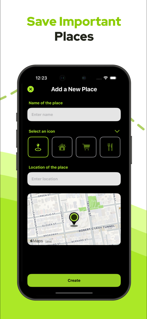 Mobile app interface showing the Add a New Place screen with options to name the location and select a custom icon