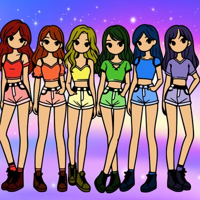 a group of girls wearing crop tops and shorts