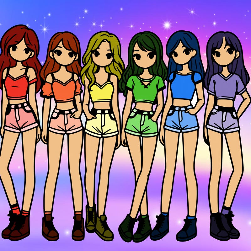a group of girls wearing crop tops and shorts