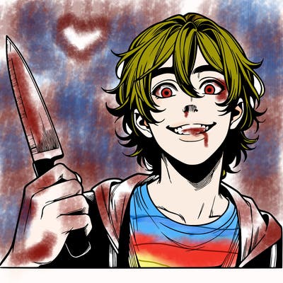 teenage realistic guy with long ish hair holding a knife and has a big grin