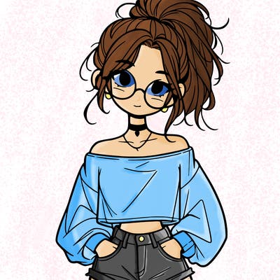 girl with a messy ponytail glasses a baggy crop top and jean shorts