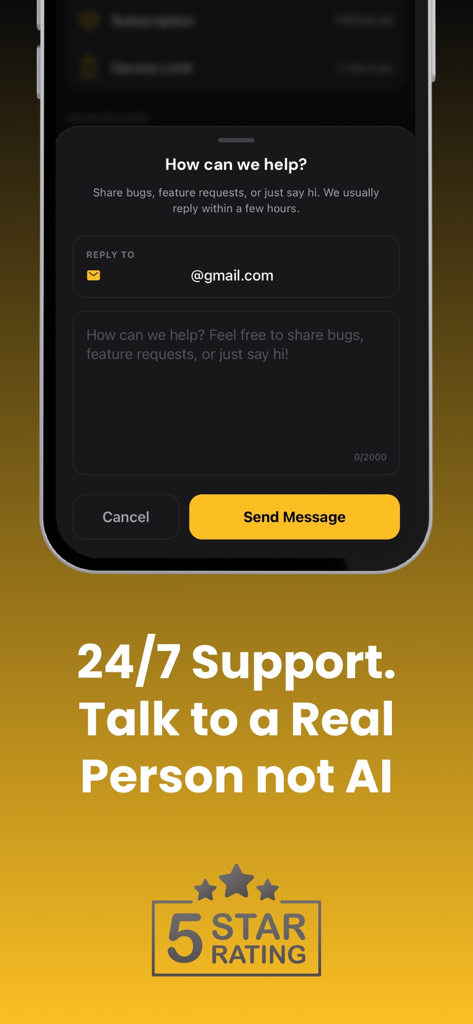 US VPN: VektaVPN - Captura de pantalla de la app VektaVPN mostrando el formulario de contacto para soporte humano 24/7 con una insignia de calificación de cinco estrellas