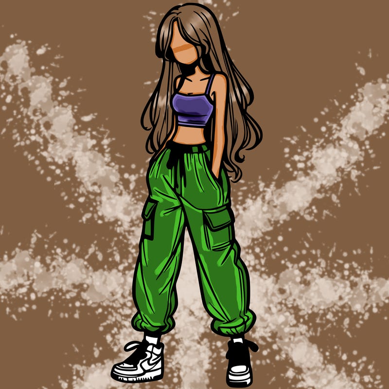 girl in baggy pants crop top and long hair