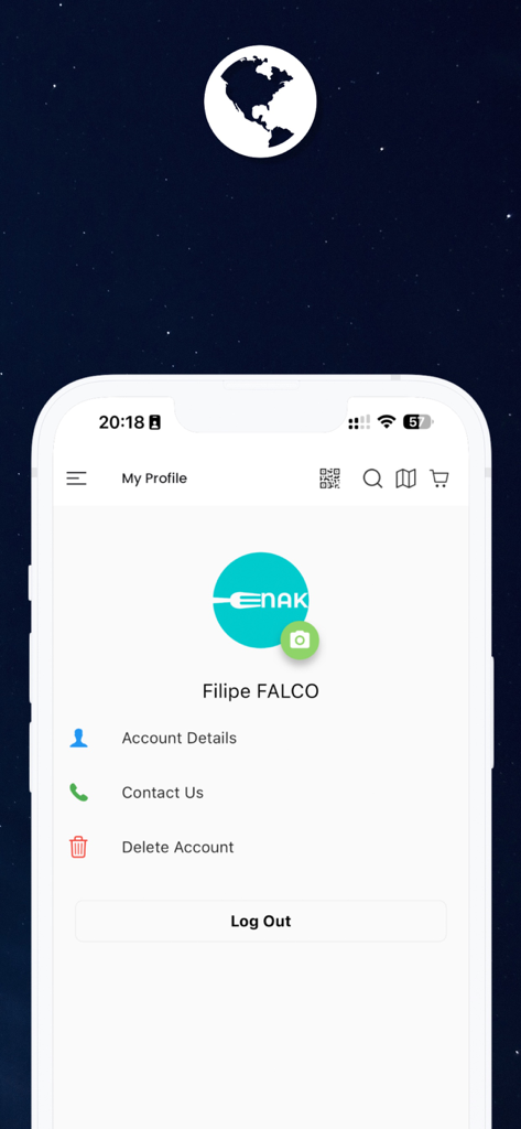 Enak - Food Delivery App - User profile screen of the Enak food delivery app showing account settings and logout option
