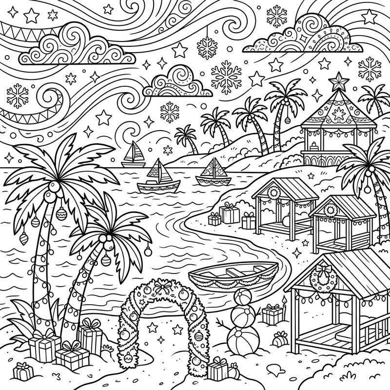Immerse yourself in a magical tropical Christmas with this unique cove beach coloring page. Discover a delightful scene where festive decorations meet sun-kissed shores, perfect for a relaxing holiday coloring escape.