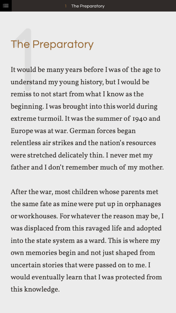 Das Eröffnungskapitel mit dem Titel The Preparatory in der Fotoroman-App The Guides Compendium