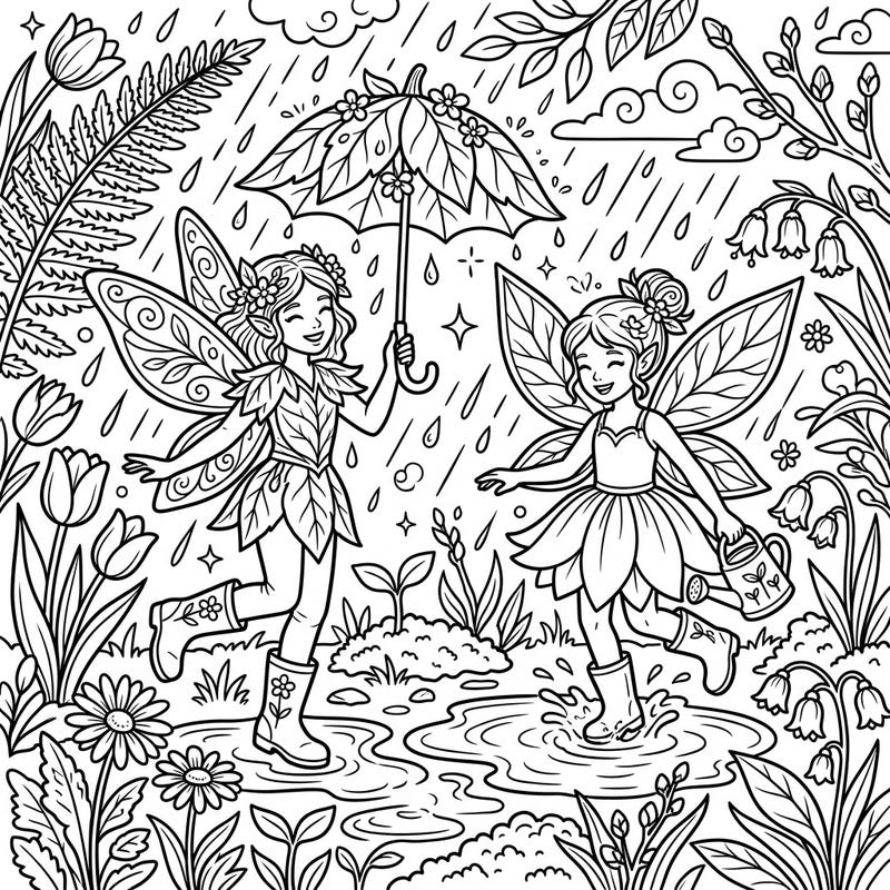 Discover the delight of a spring shower with two cheerful fairies amidst a lush garden. This whimsical coloring page captures the joy of renewal, complete with umbrellas, puddles, and blossoming flora.