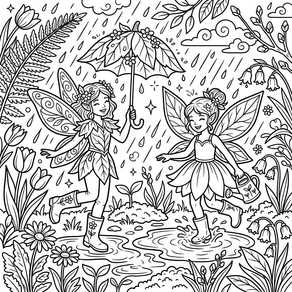 Spring Fairies Rainy Day Coloring Page | Printable Fun