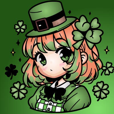a manga-style girl with clovers around her, a little hat in her hair, like it's saint patrick's day