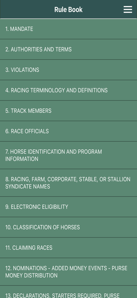 U.S. Trotting Rule Book - Table of contents for the US Trotting Rule Book app listing official racing rules and regulations