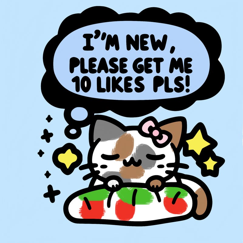 kitty taking a nap dream talking and saying "i'm new, please get me at least 10 likes pls!!"