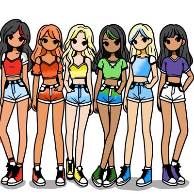 a group of girls wearing crop tops and shorts