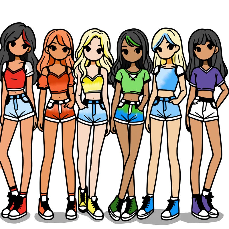 a group of girls wearing crop tops and shorts