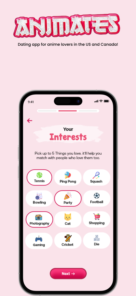 Animates dating app interests selection screen for anime lovers