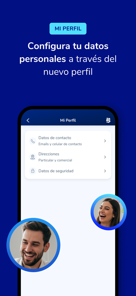 Pantalla de la aplicación móvil Mi Banco Chile para la configuración del perfil y la gestión de datos personales