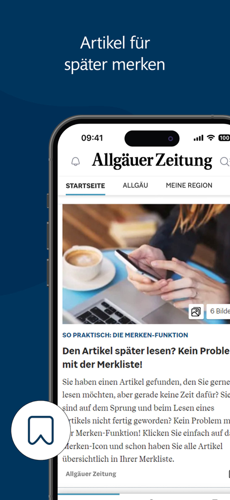 Interfaz de la aplicación Allgäuer Zeitung News destacando la función de guardar artículos