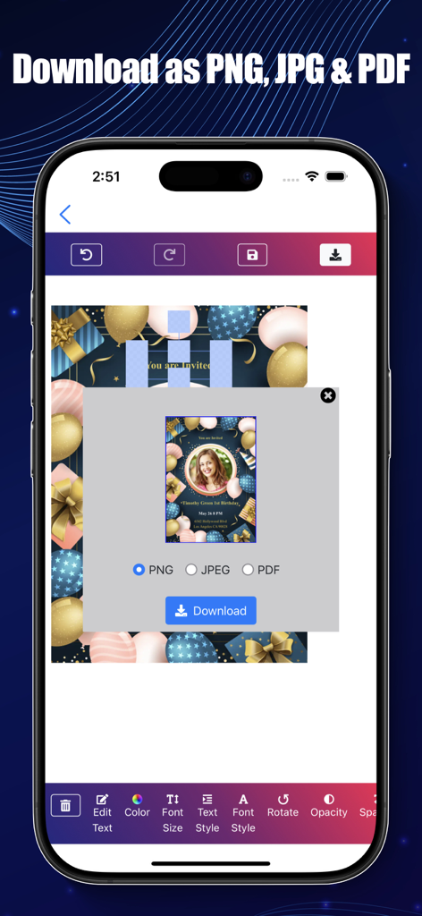 PNG JPG PDF形式のダウンロードオプションを表示する誕生日招待状カードアプリ