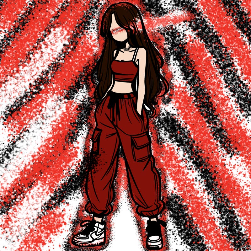 girl in baggy pants crop top and long hair