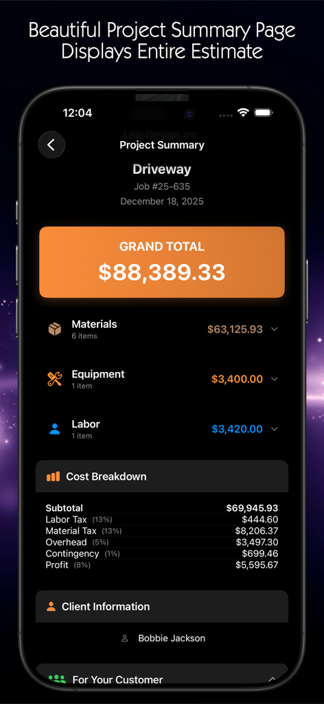 Paving Estimator - Paving Estimator app project summary screen showing detailed cost breakdown for a driveway job