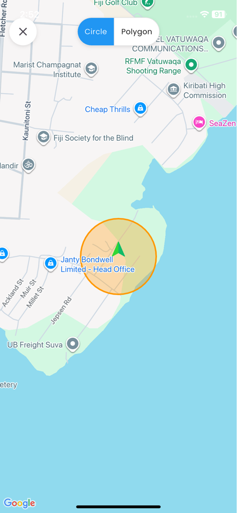 Shazcom Fiji - Mapa de seguimiento de flotas que muestra un área de geovalla circular en Shazcom Fiji